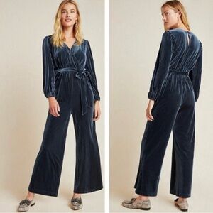 Ali & Jay Anthropologie Teal Velvet Wide-Leg Jumpsuit L